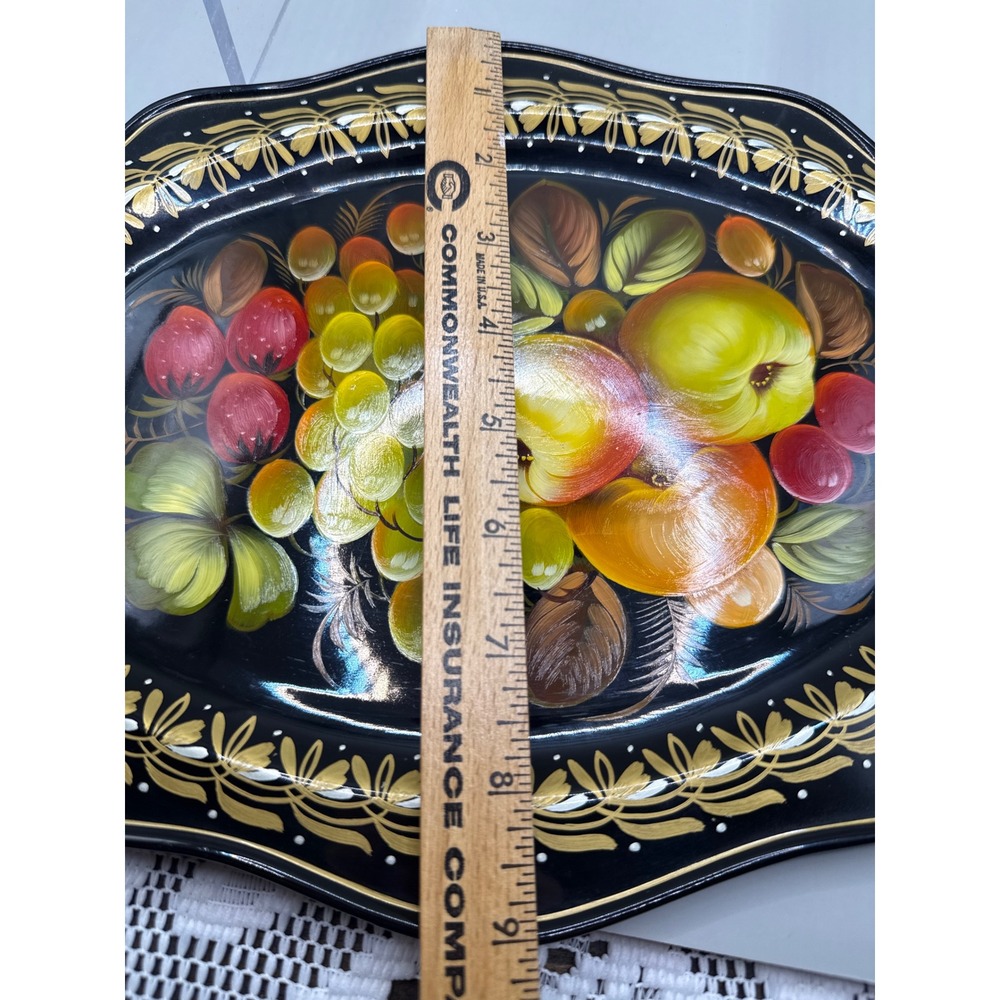 Russian Zhostovo Vintage Tole Tray Strawberry Black Gold Floral and Fruit 11.75" - Picture 8 of 10